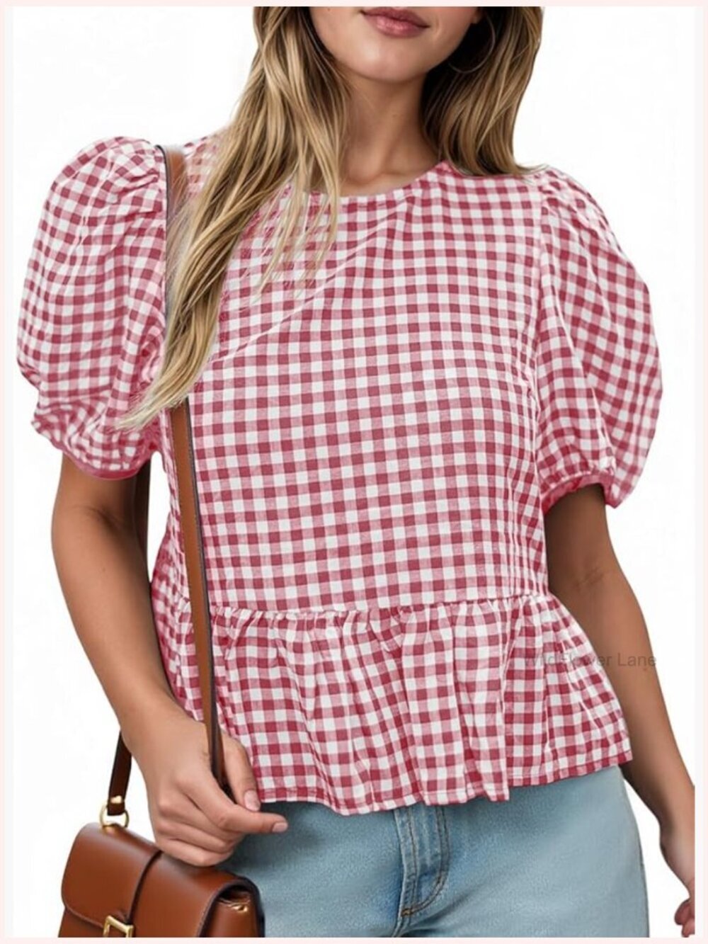 Puff Sleeve Gingham Blouse Ruffle Peplum Top Cute Plaid Cotton Shirt